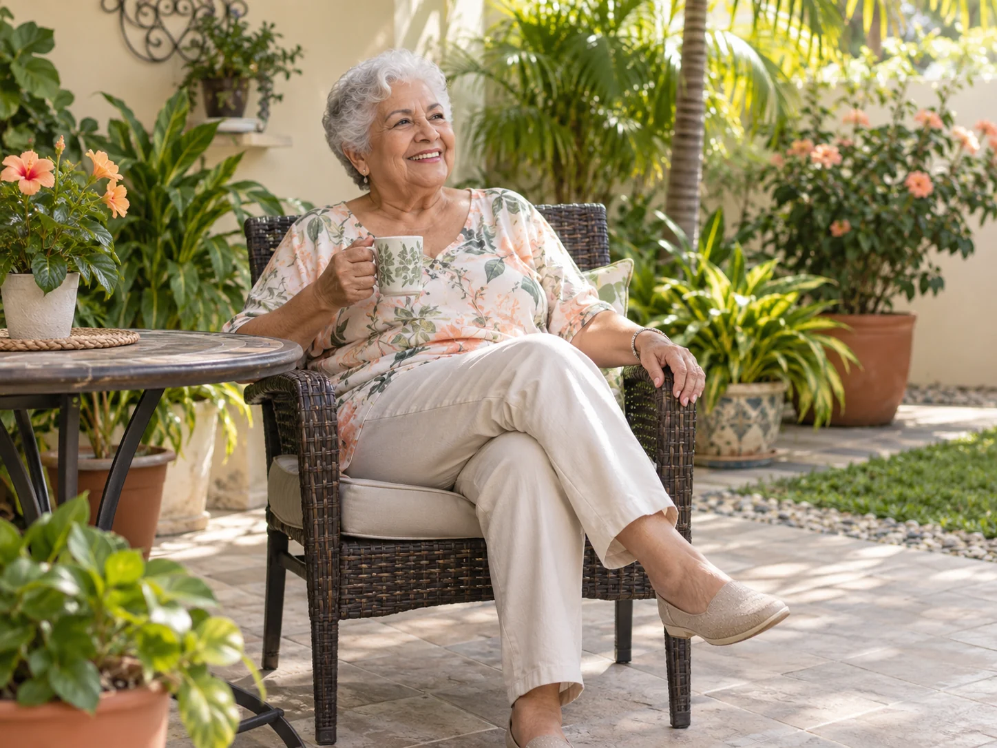Persona mayor disfrutando de un patio ajardinado